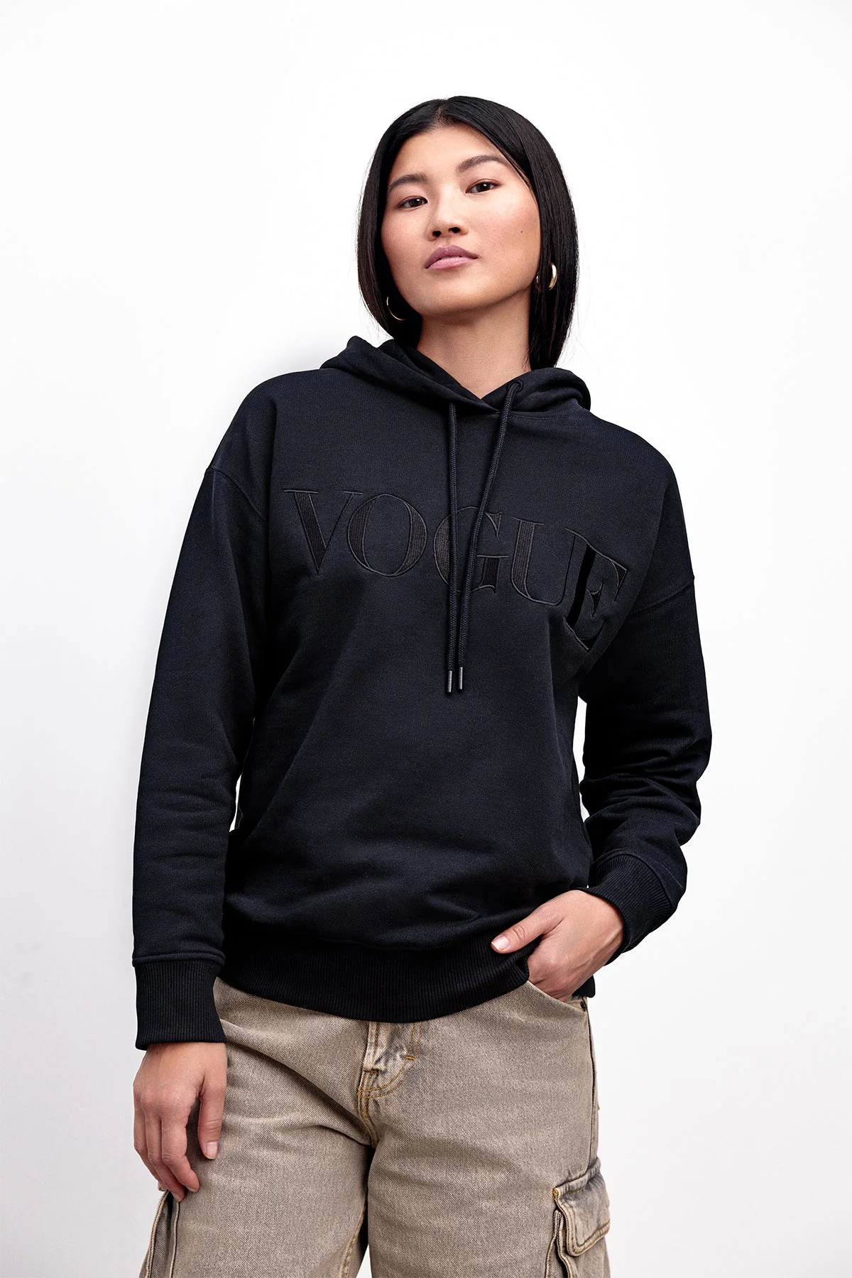 VOGUE Hoodie Black Tonal Embroidered Logo - Image 4