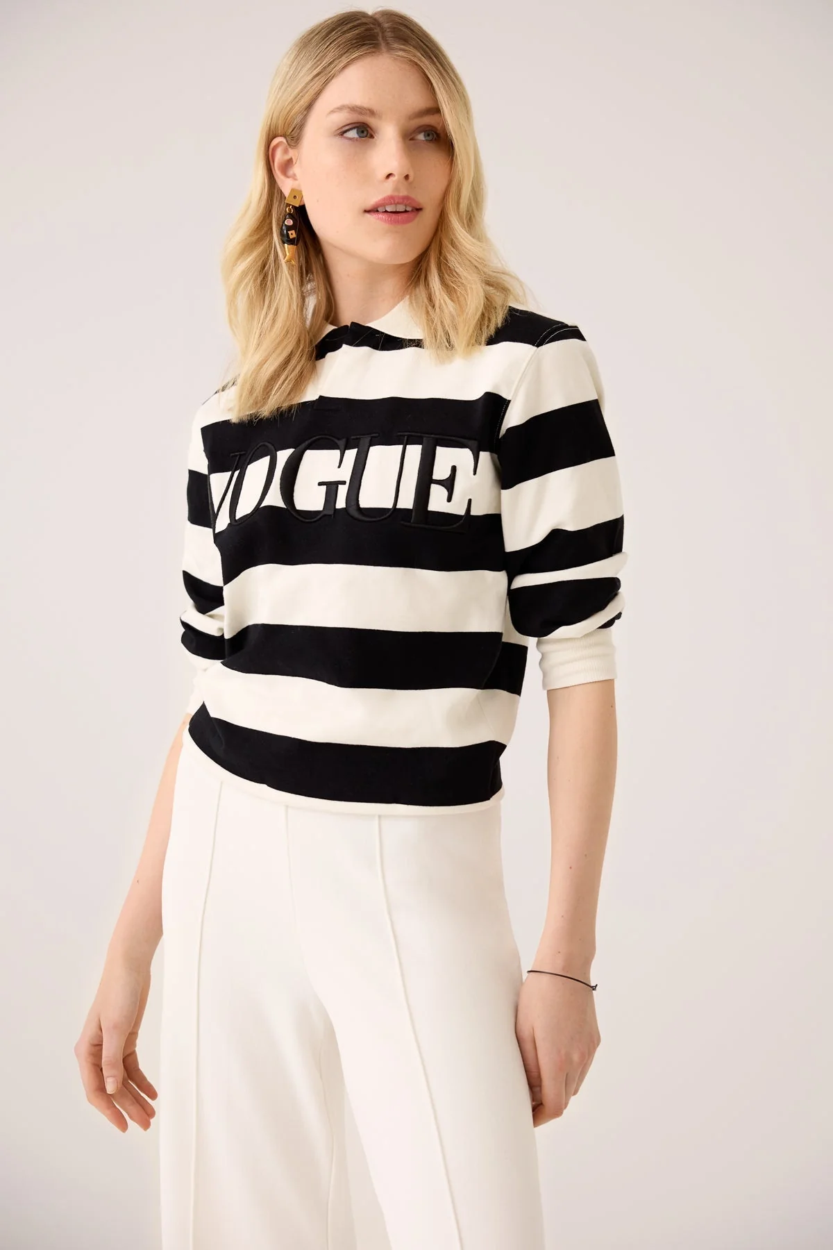 VOGUE Polo Sweatshirt Cream and Black Stripes - Image 2