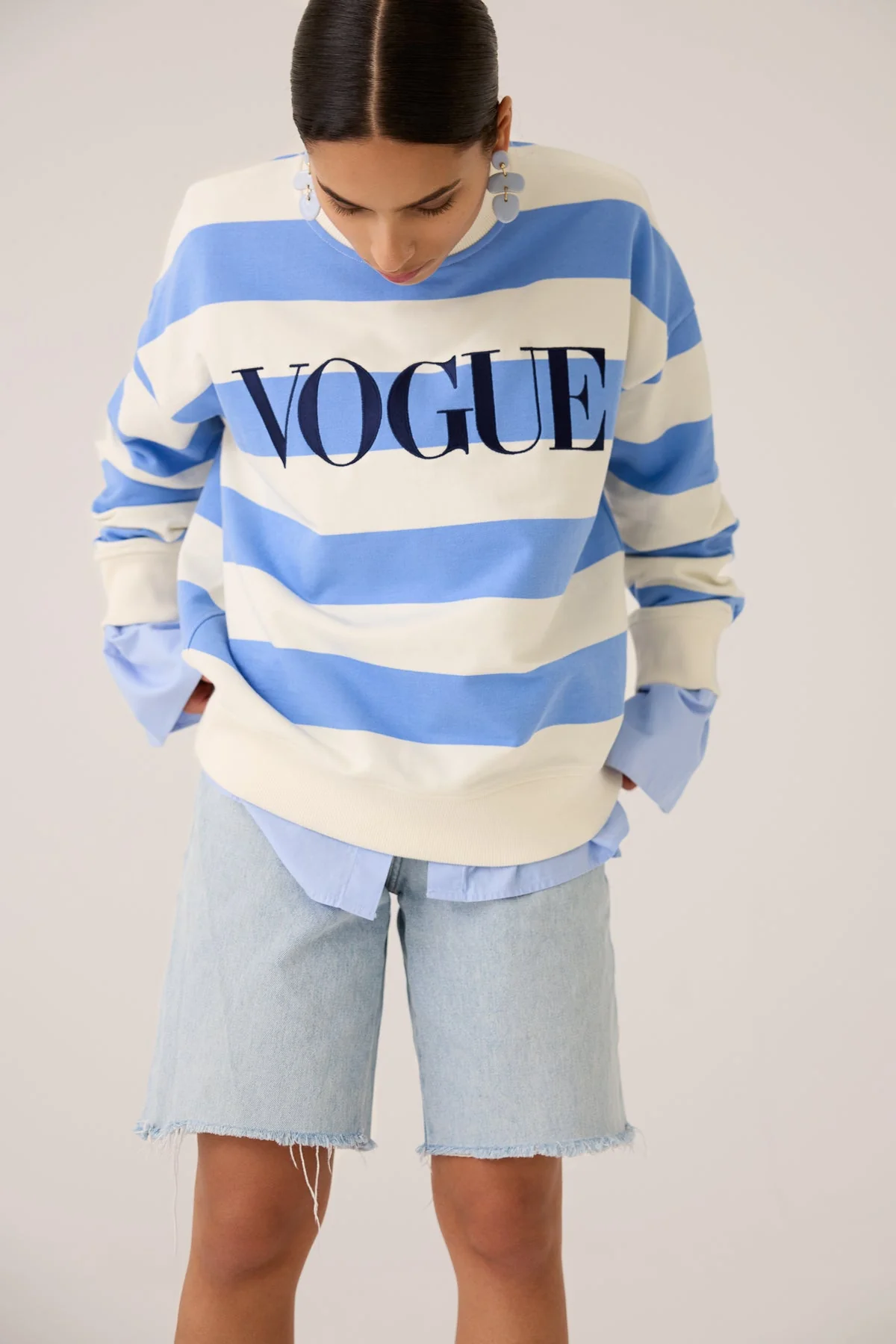 VOGUE Sweatshirt Sky Blue Striped Embroidered Logo - Image 5